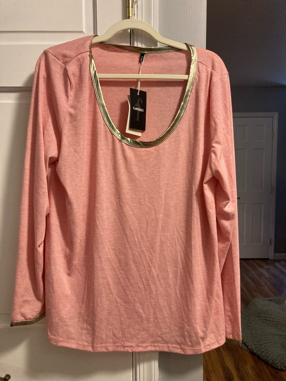 Flamingos Pink Long-Sleeve Tee with Gold Trim
